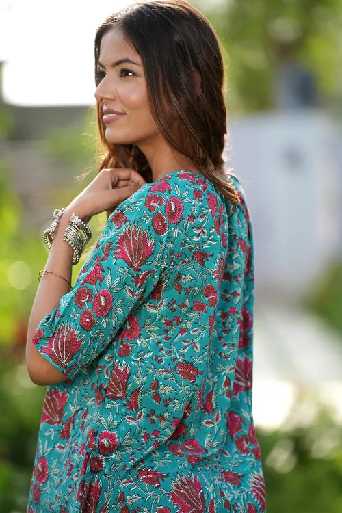 Turquoise Winehandblock Printed Cotton Top