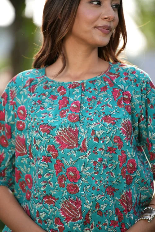 Turquoise Winehandblock Printed Cotton Top