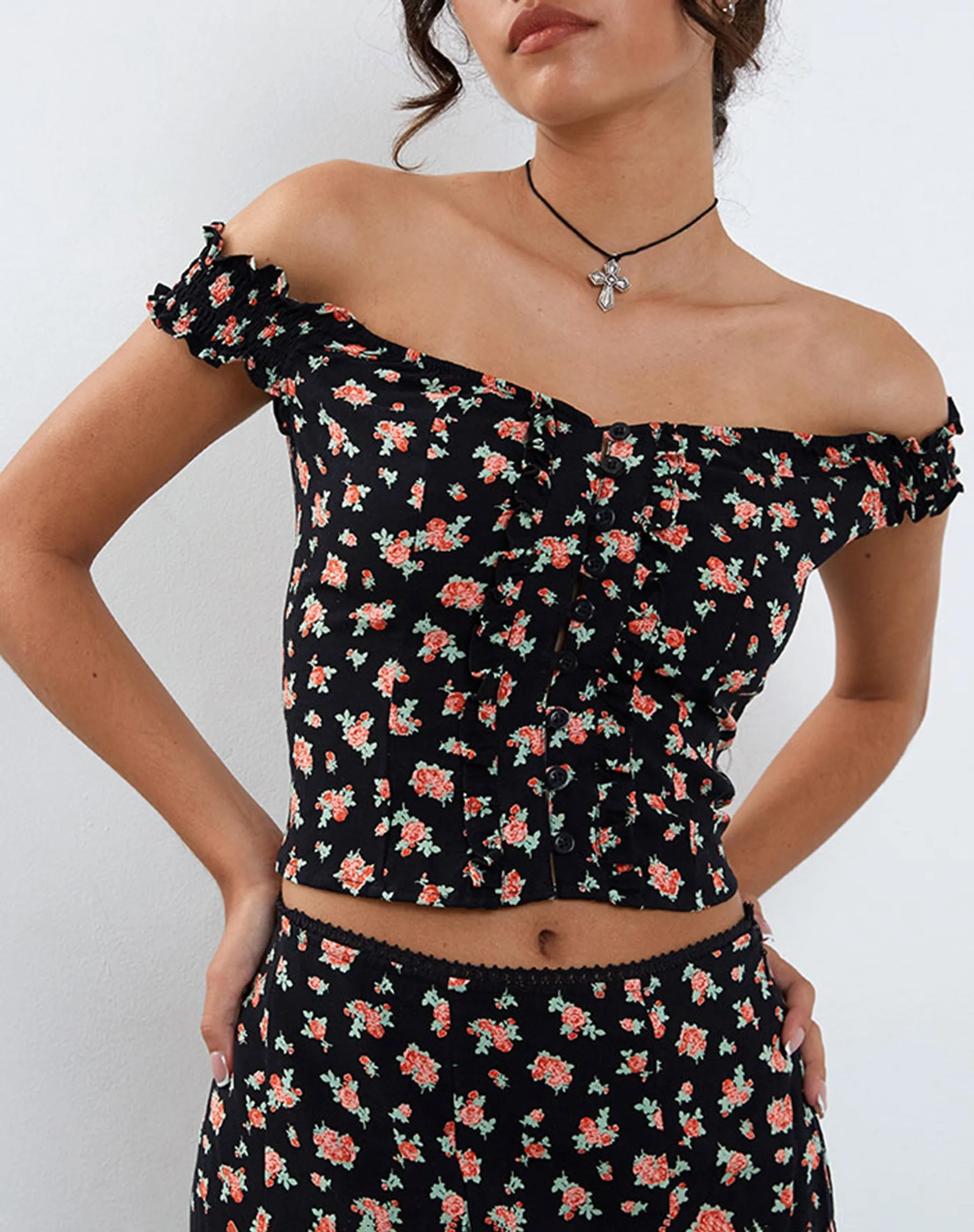 Uhuy Bardot Crop Top in Flowing Rose Black