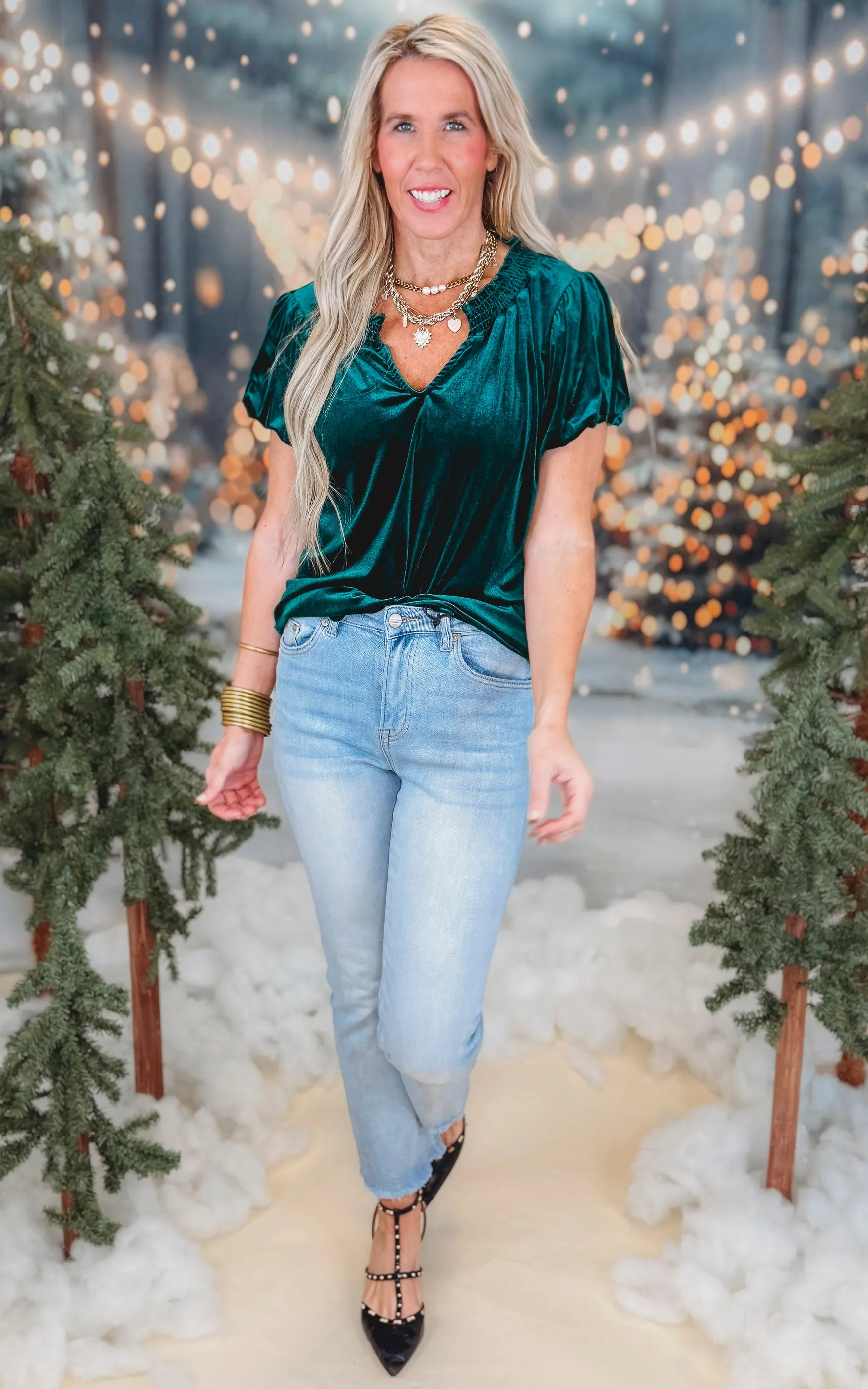 Velvet Smocked Split Neckline Puff Sleeve Top *DEAL - COUPON EXCLUDED*