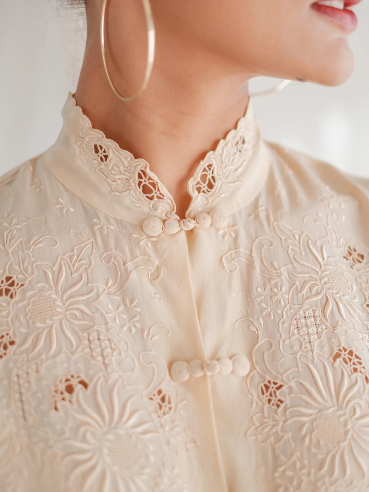 Vintage Mandarin Neck Ivory Embroidered Silk Blouse