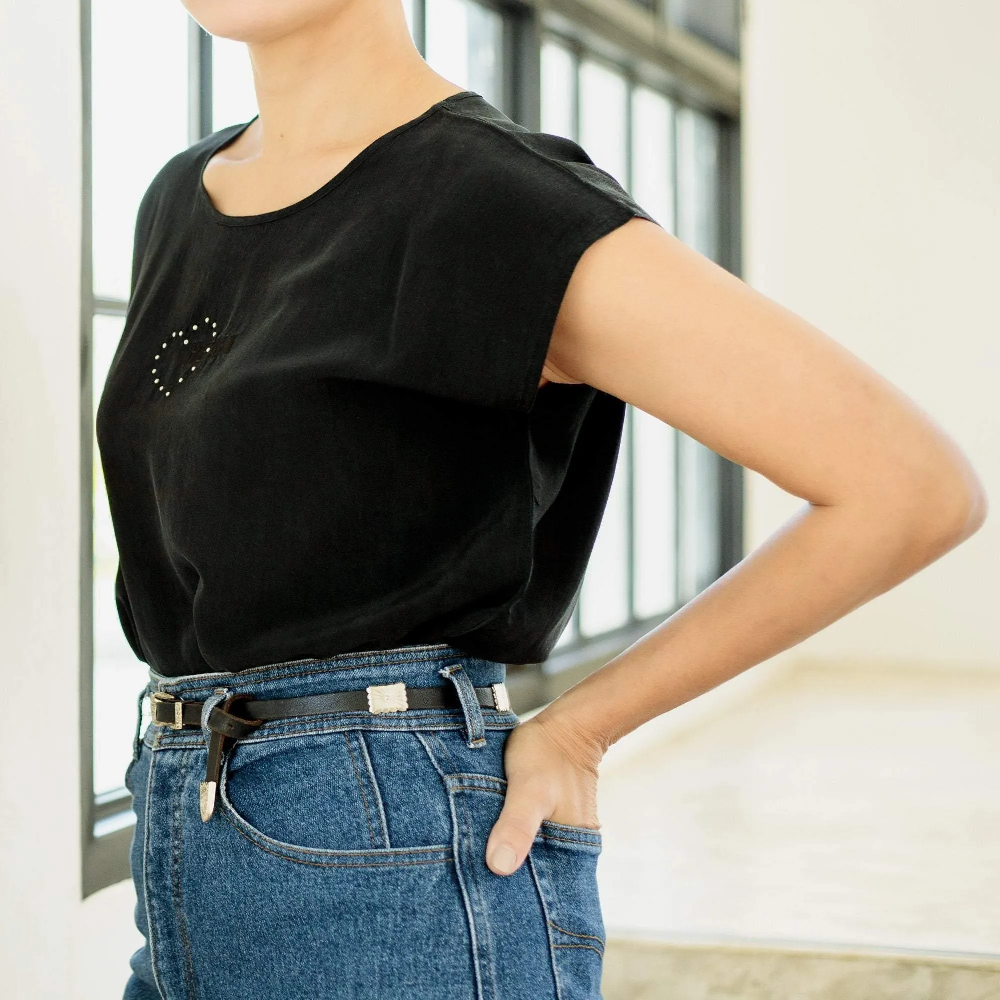 Vintage Silk Short Sleeve Round Neck Black Blouse