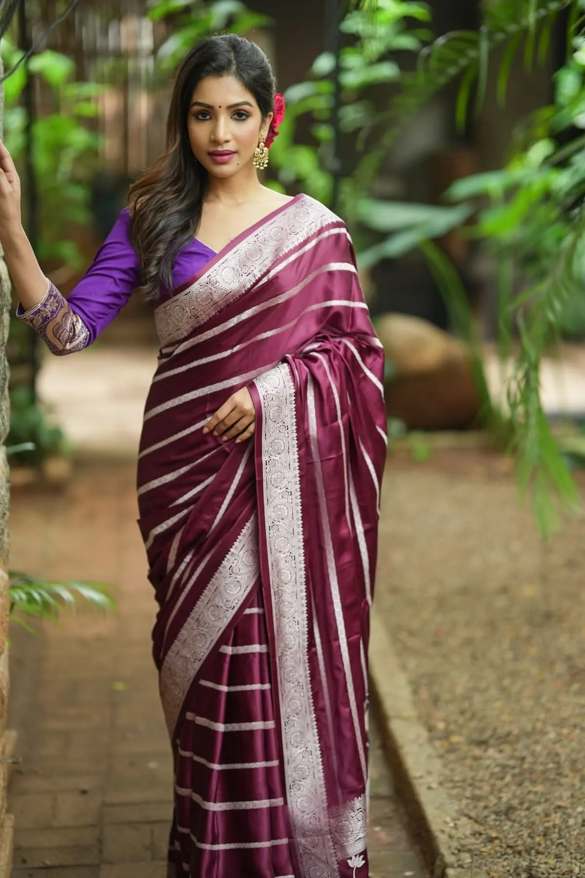 Viscose Satin Saree With Silver Zari Stripes and Pichwai Pallu In Rosewood