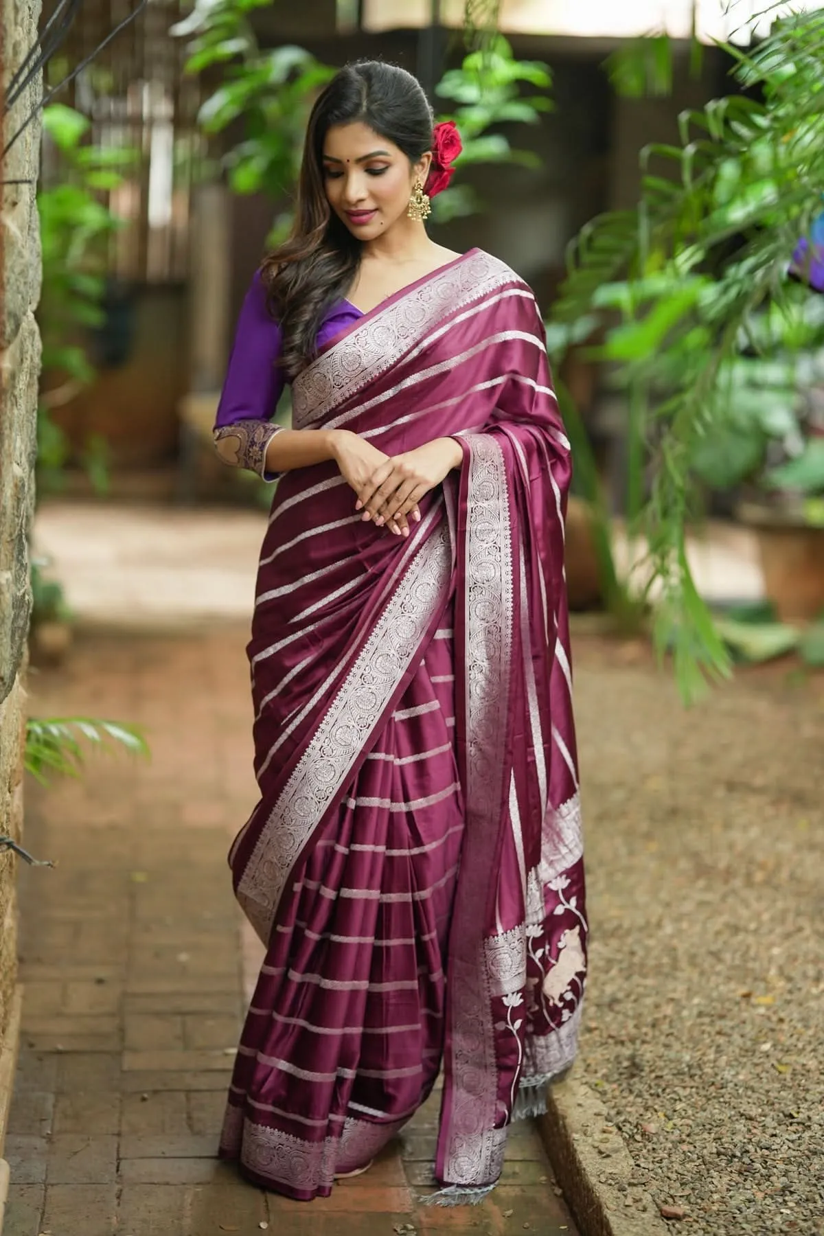 Viscose Satin Saree With Silver Zari Stripes and Pichwai Pallu In Rosewood