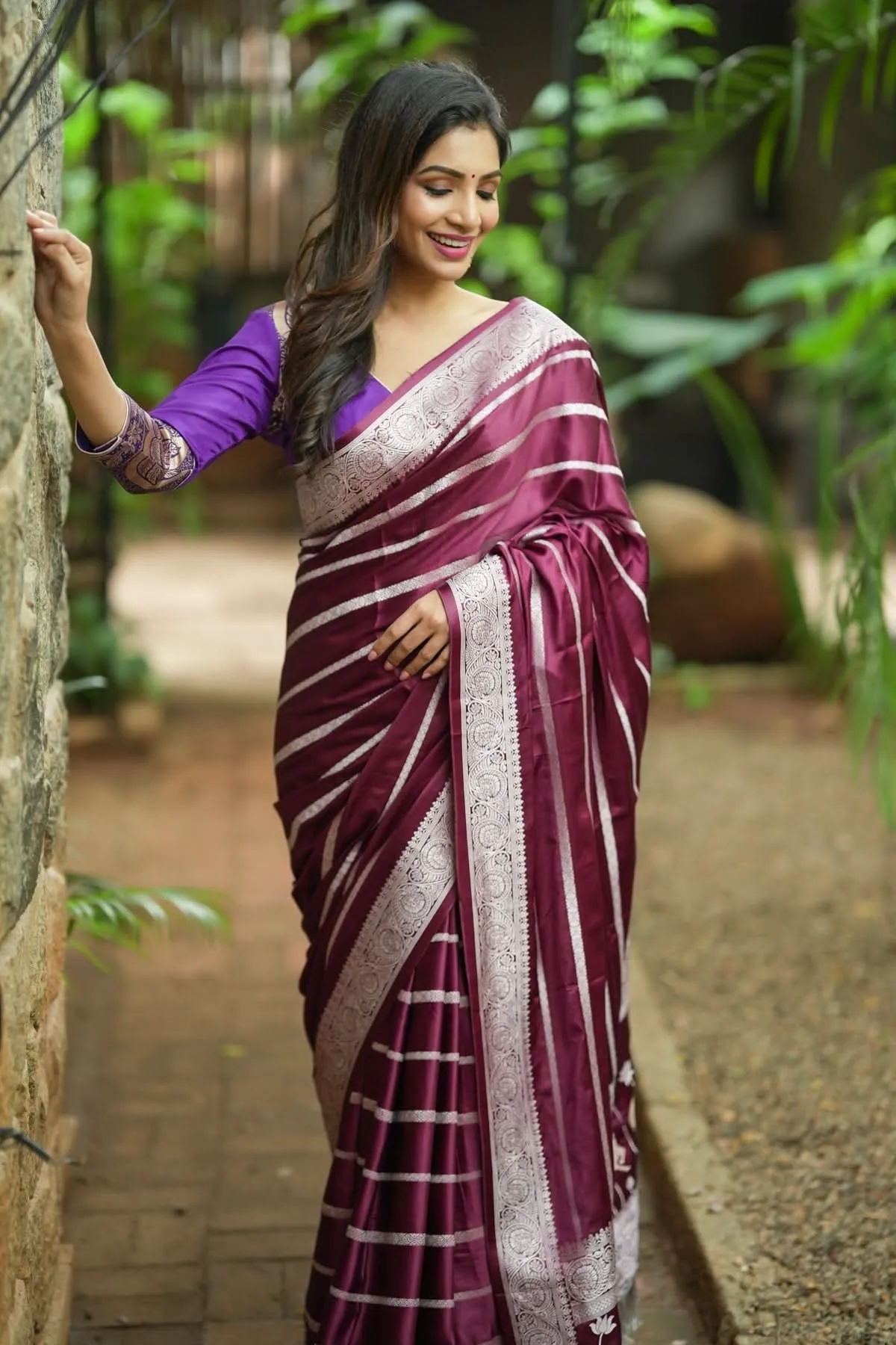 Viscose Satin Saree With Silver Zari Stripes and Pichwai Pallu In Rosewood