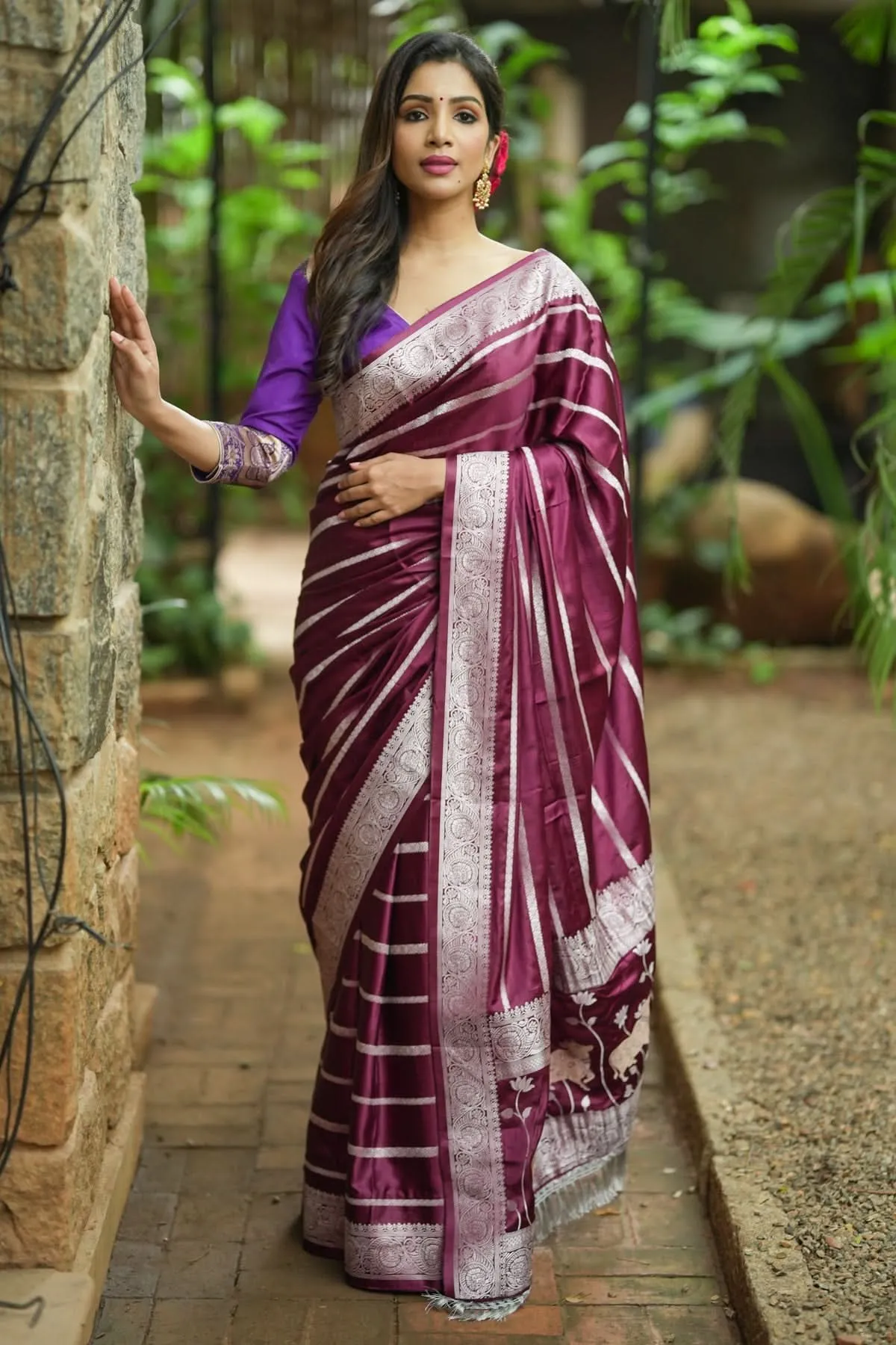 Viscose Satin Saree With Silver Zari Stripes and Pichwai Pallu In Rosewood