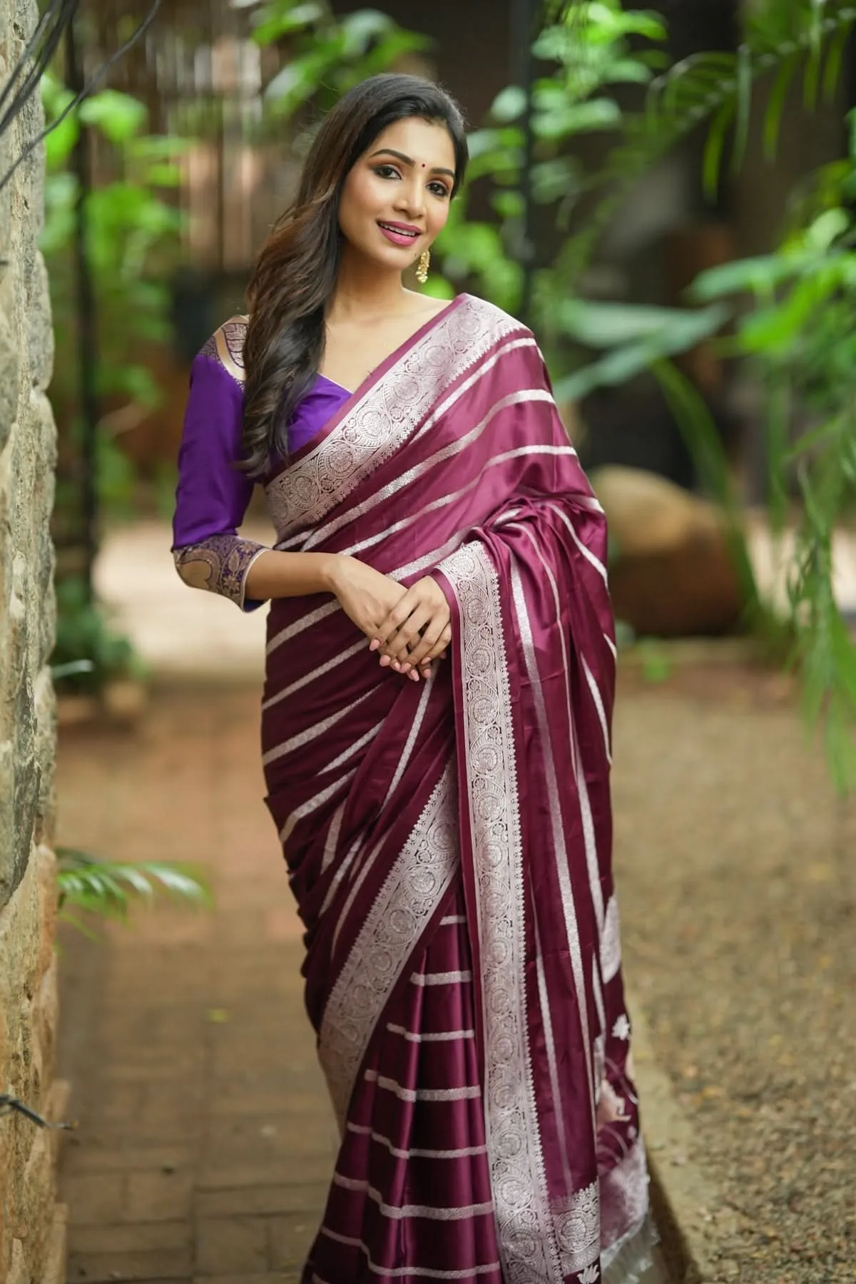 Viscose Satin Saree With Silver Zari Stripes and Pichwai Pallu In Rosewood