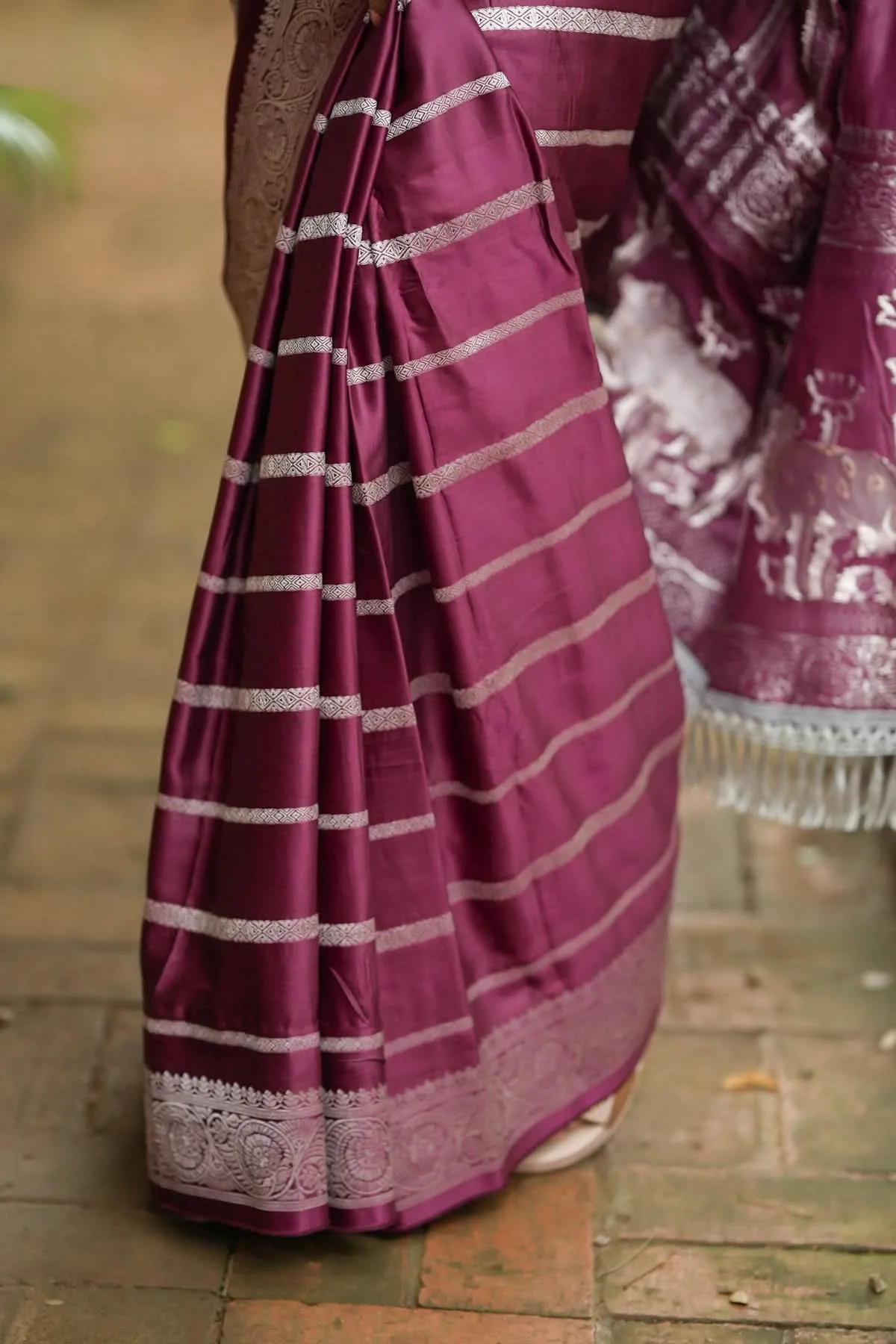 Viscose Satin Saree With Silver Zari Stripes and Pichwai Pallu In Rosewood