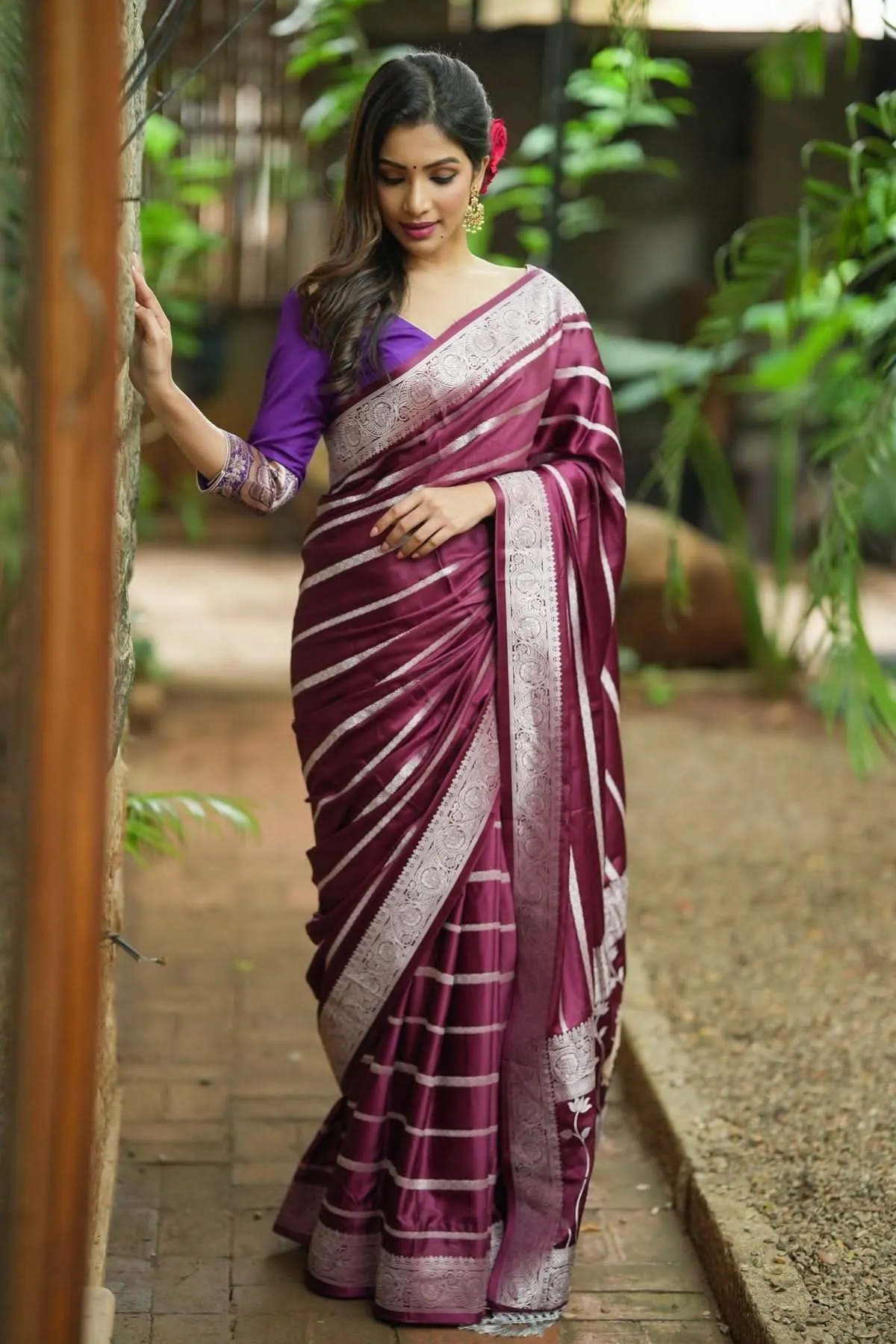 Viscose Satin Saree With Silver Zari Stripes and Pichwai Pallu In Rosewood