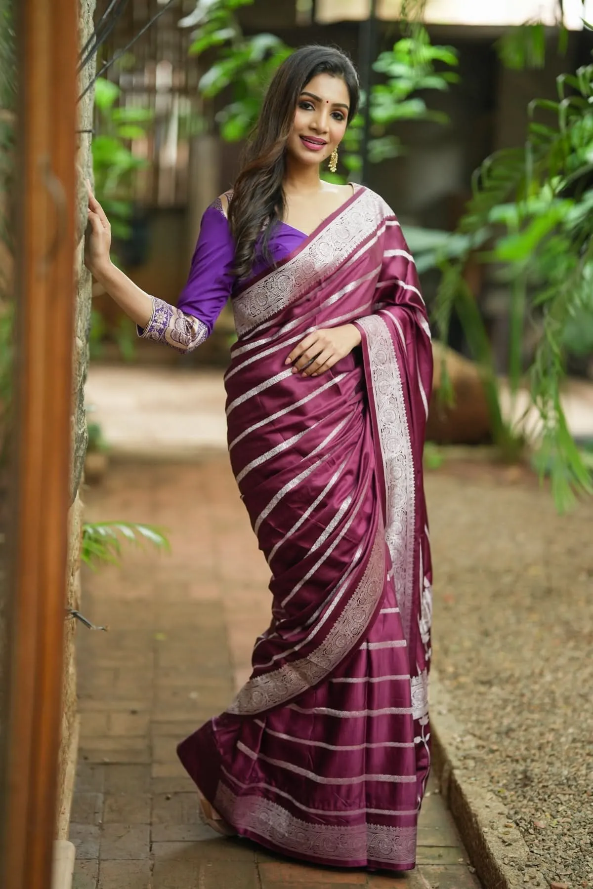 Viscose Satin Saree With Silver Zari Stripes and Pichwai Pallu In Rosewood