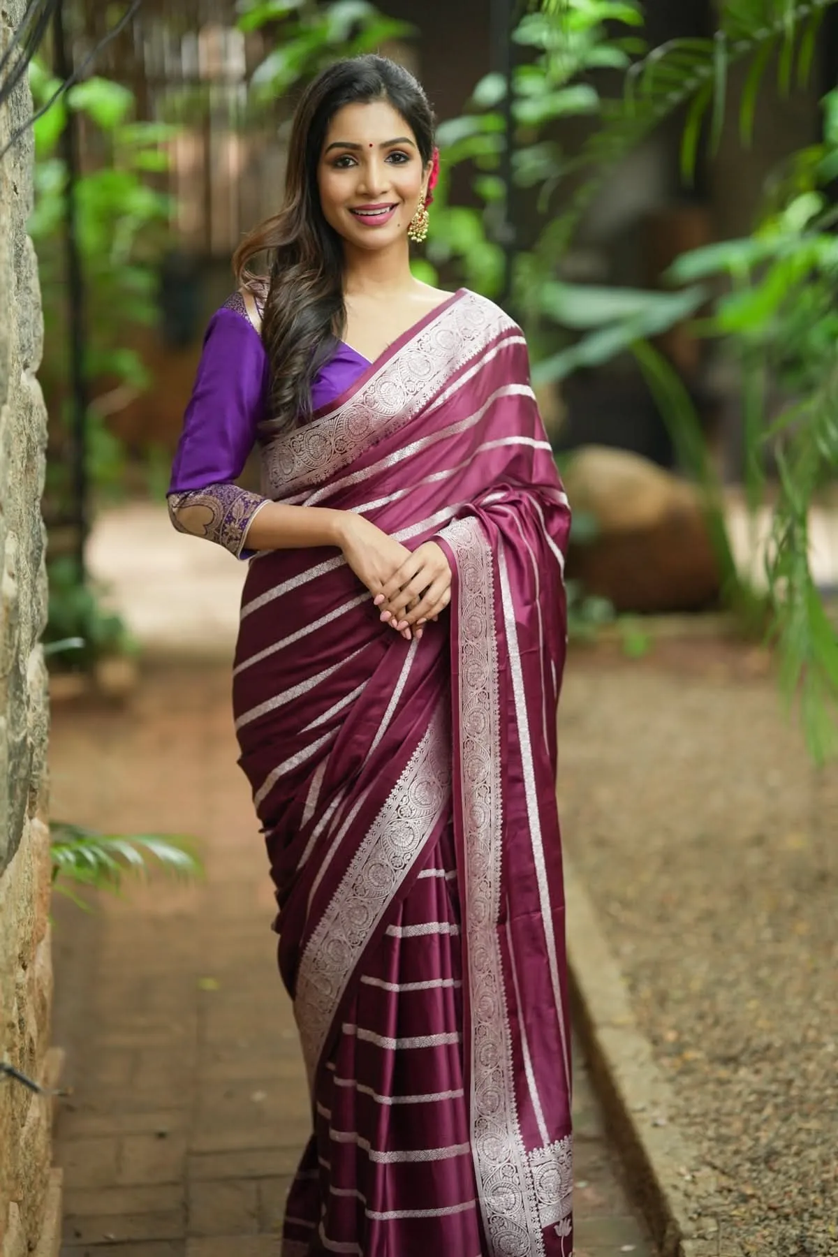 Viscose Satin Saree With Silver Zari Stripes and Pichwai Pallu In Rosewood