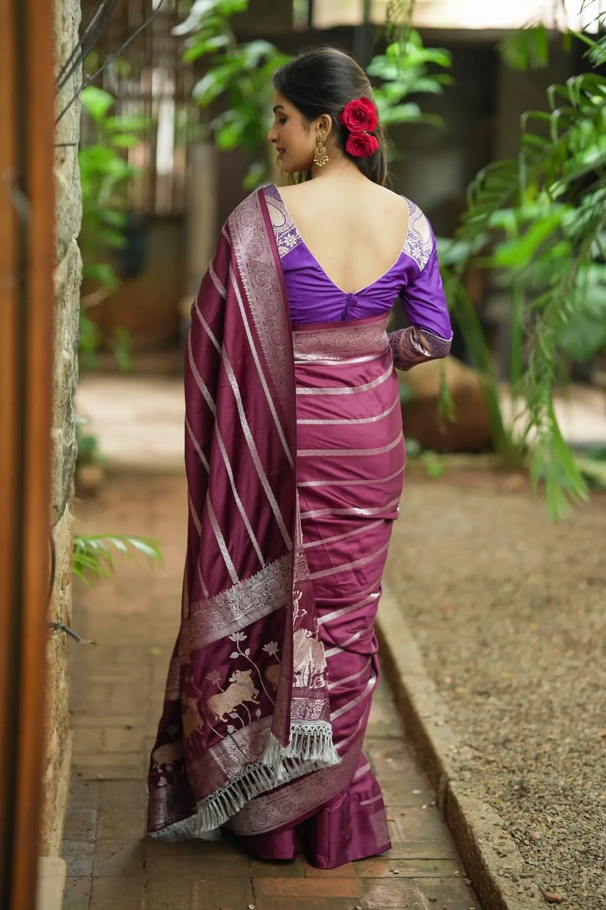 Viscose Satin Saree With Silver Zari Stripes and Pichwai Pallu In Rosewood