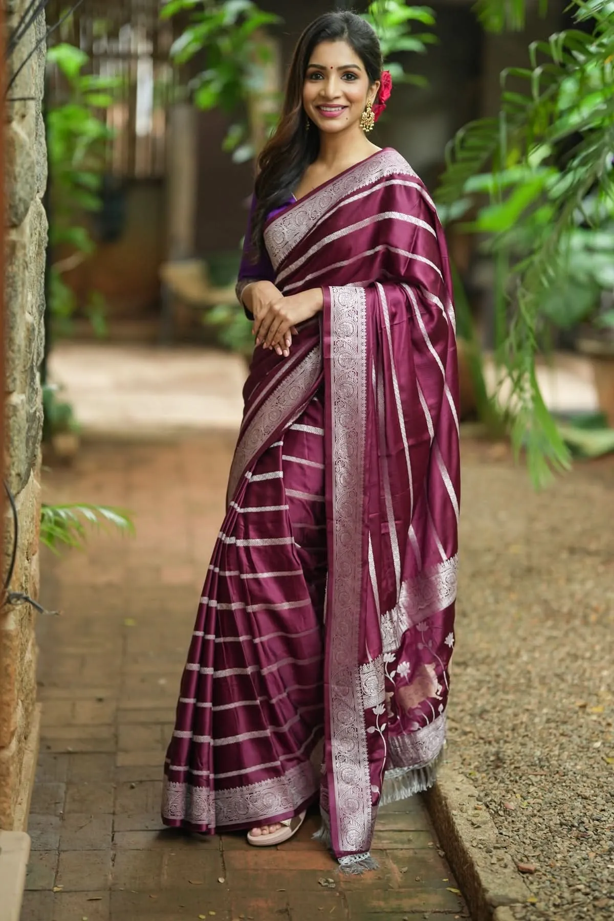 Viscose Satin Saree With Silver Zari Stripes and Pichwai Pallu In Rosewood