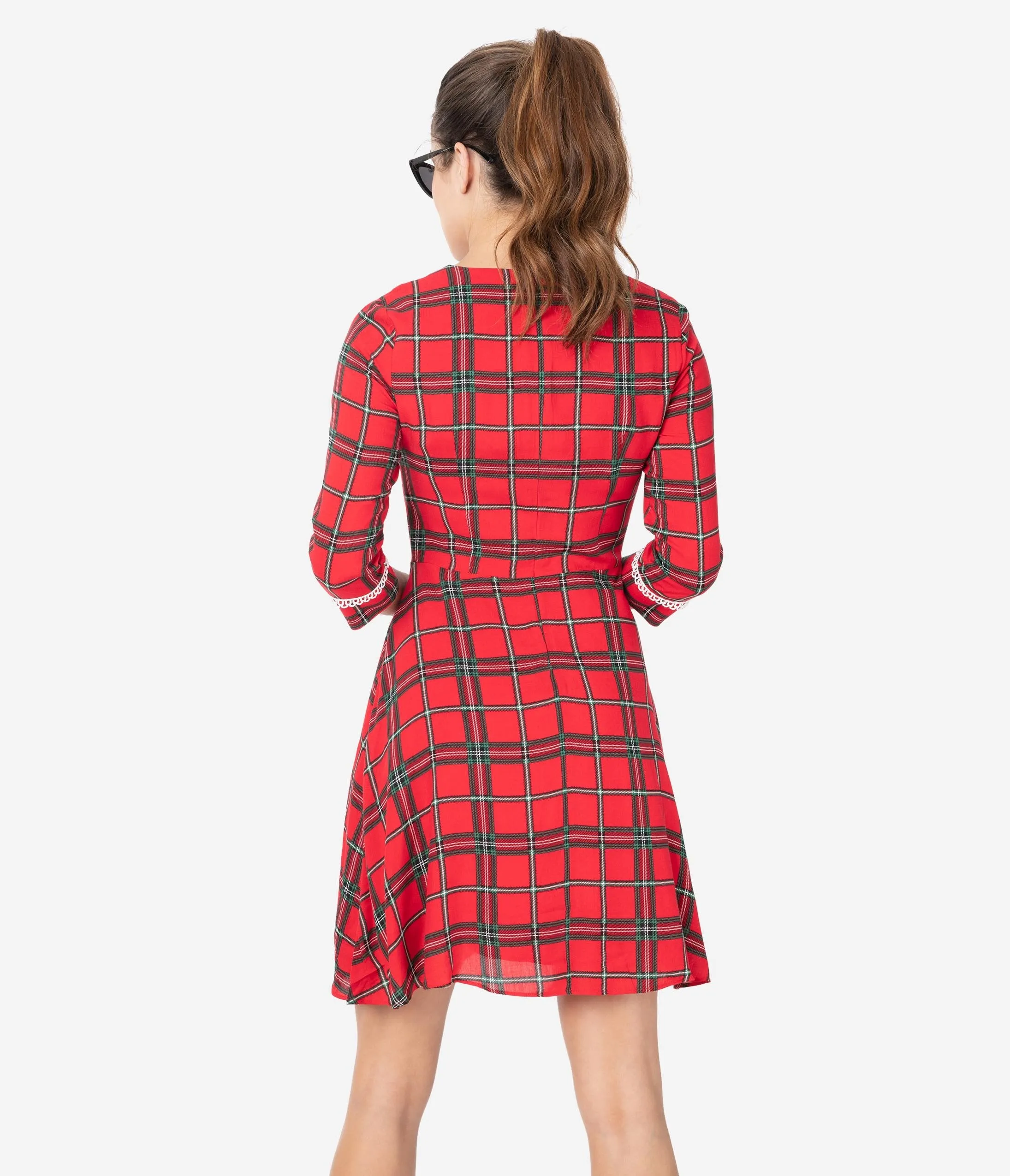 Voodoo Vixen 1960s Red Plaid & Ivory Lace Trim Fit & Flare Dress