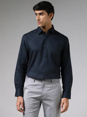 WES Formals Dobby Navy Cotton Relaxed-Fit Shirt