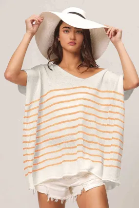 White Apricot Striped V Neck  Short Sleeve Top