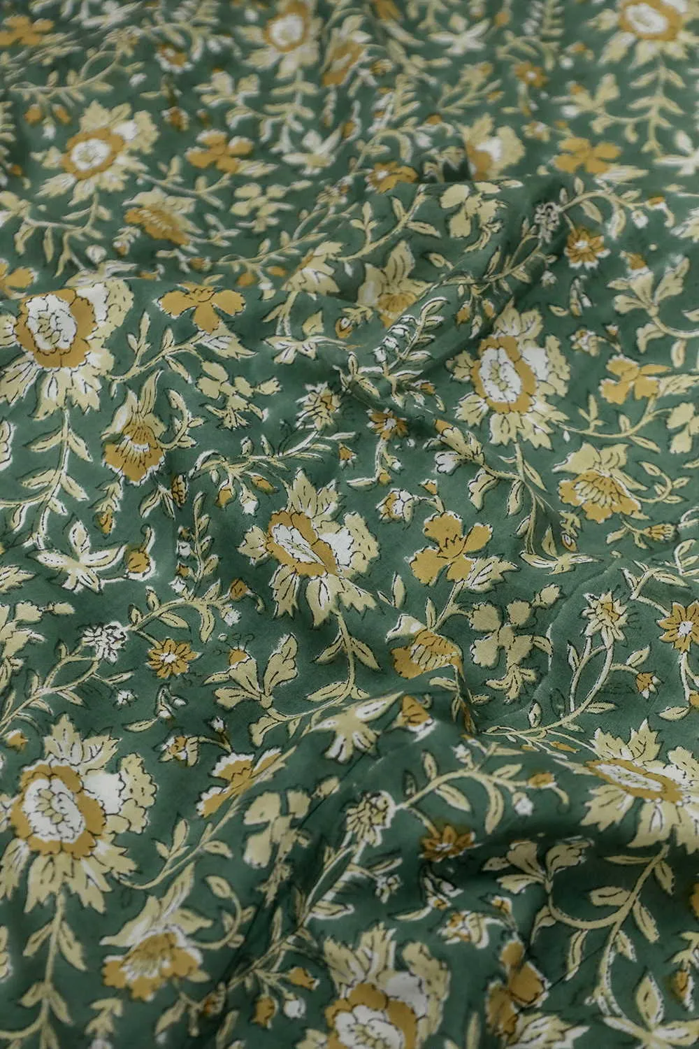 Yellow Floral on Green Sanganeri Cotton Fabric - 0.65m