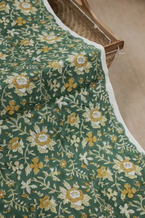 Yellow Floral on Green Sanganeri Cotton Fabric - 0.65m