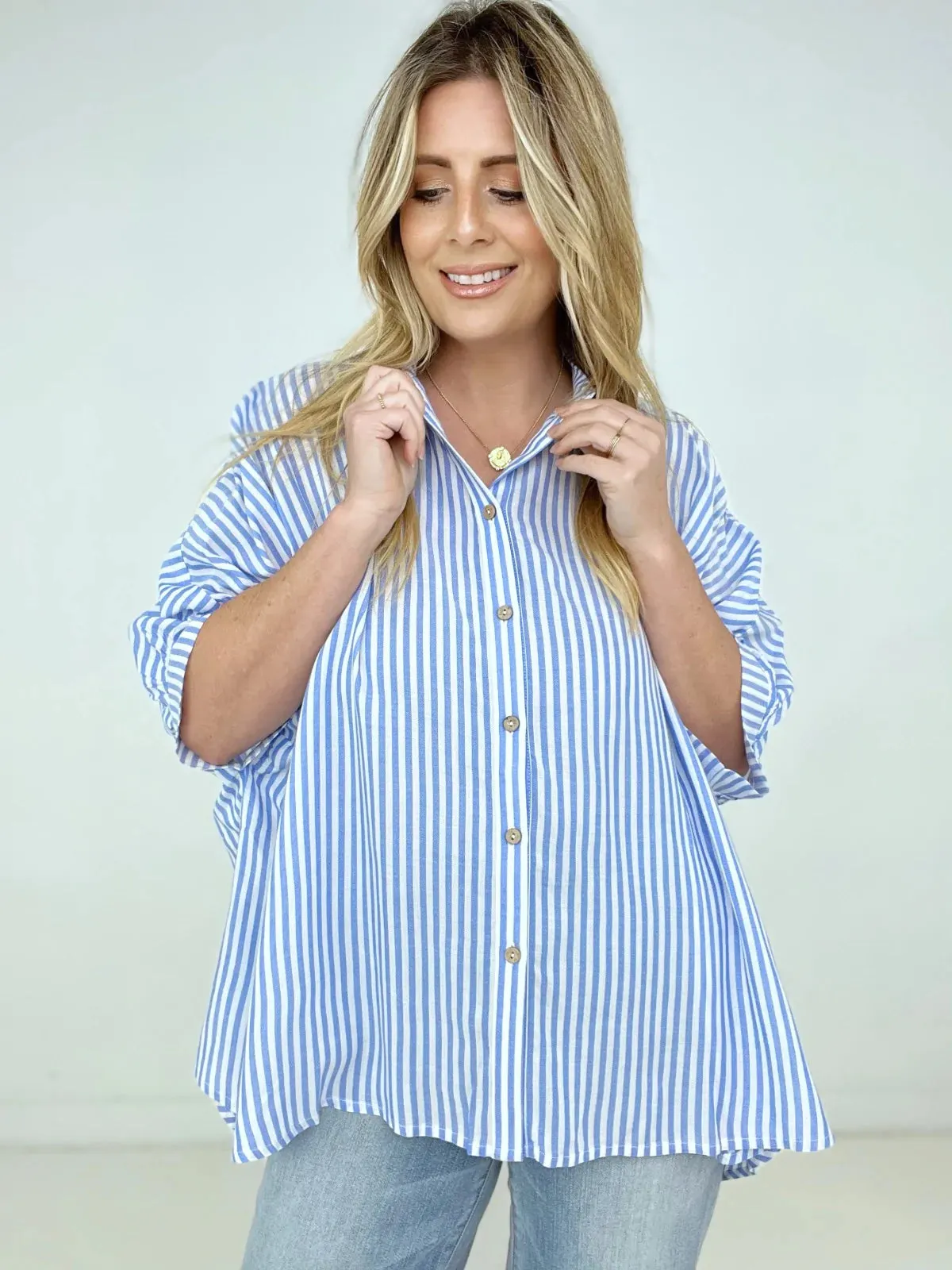 Zenana "Lucky Stripes" Oversized Striped Short Sleeve Button-Up Shirt